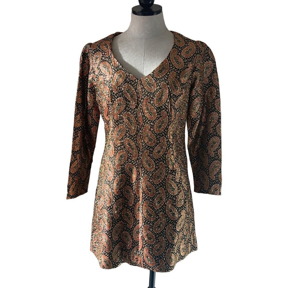 Vintage Handmade Mini Party Dress Size Small Gold Red Black Metallic Paisley - Picture 8 of 12